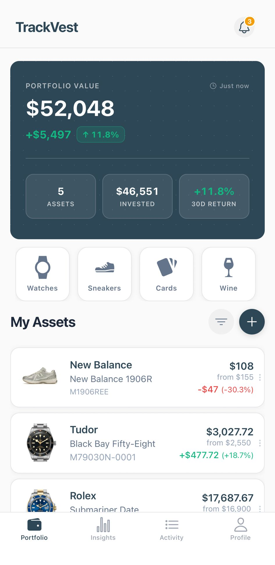 TrackVest dashboard showing a $52,048 portfolio, 30-day return and a list of tracked assets
